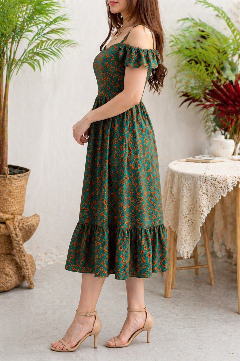 Belleci Emerald Bloom Midi Dress – Floral Off-Shoulder Ruffle Dress