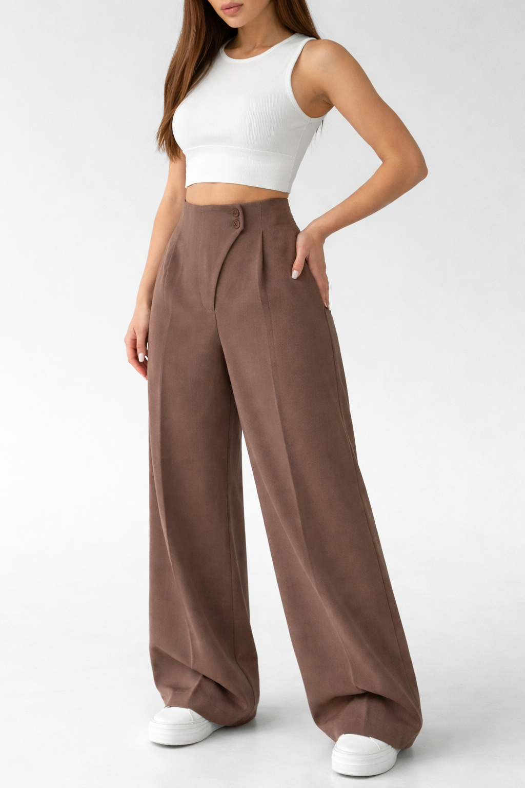 Belleci Cocoa Tailored Wide-Leg Trousers – High-Waist Structured Fit
