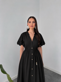 Black Button-Down Maxi Dress with Drawstring Waist By Belleci image 2