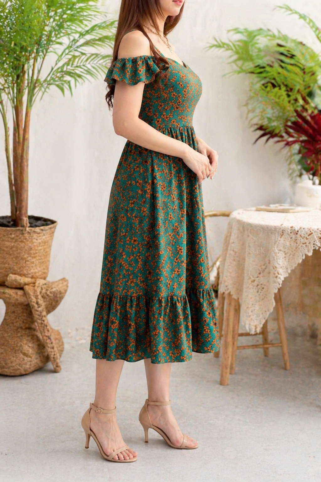 Belleci Emerald Bloom Midi Dress – Floral Off-Shoulder Ruffle Dress