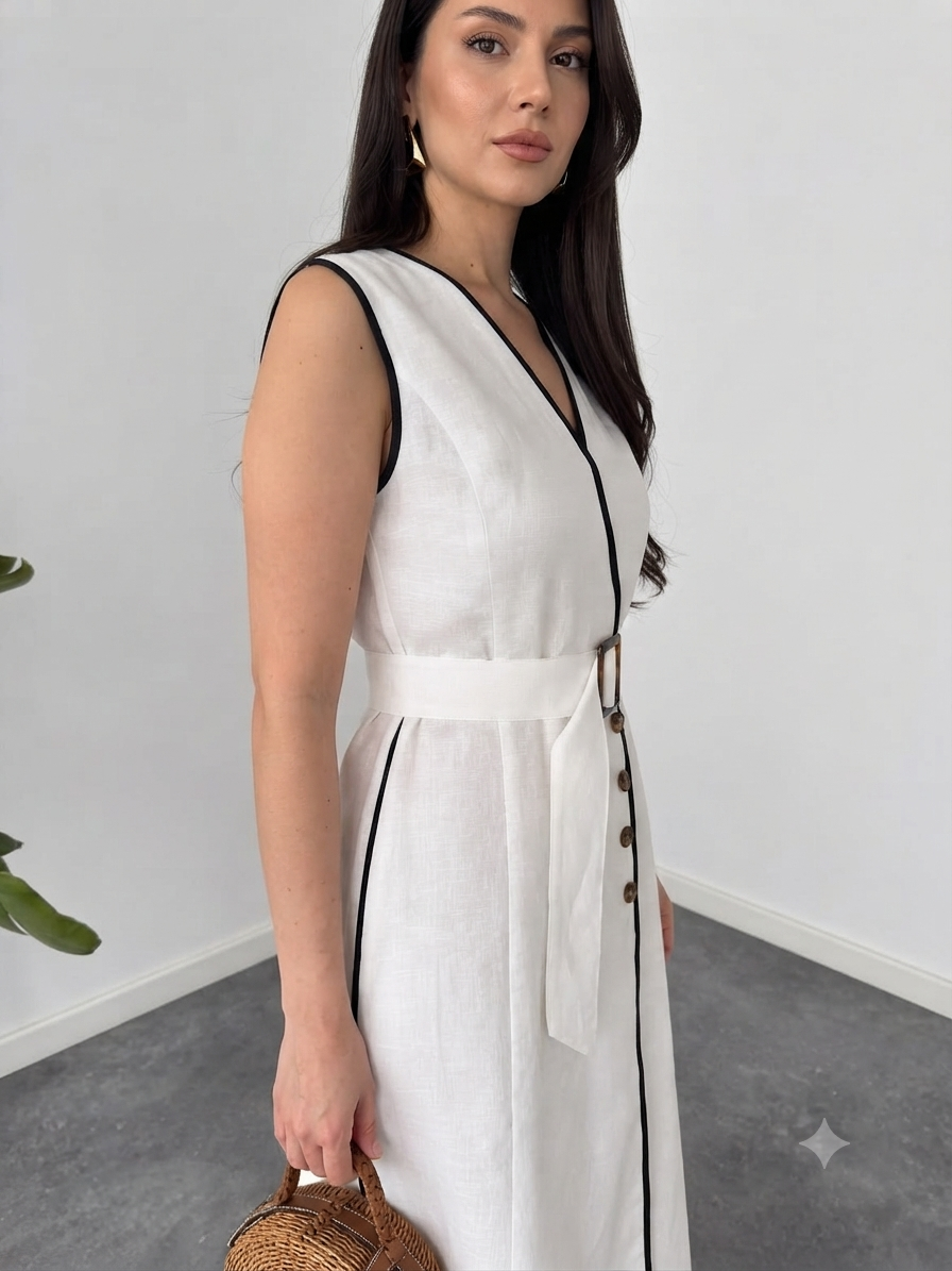 Belleci Ivory Elegance Contrast Trim Belted Maxi Dress