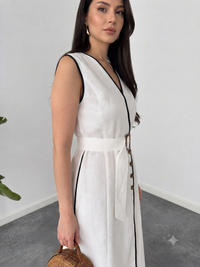 Belleci Ivory Elegance Contrast Trim Belted Maxi Dress image 2