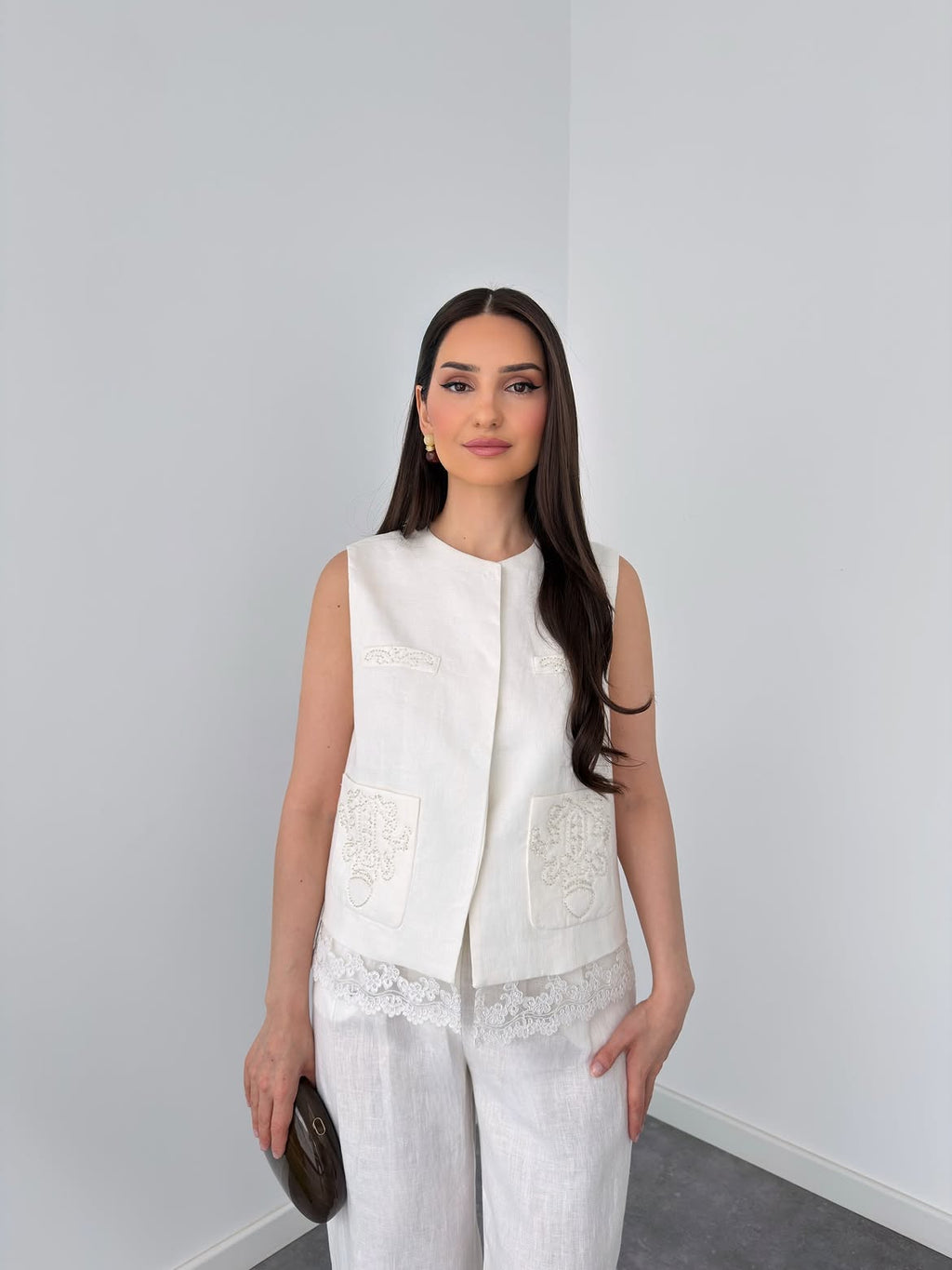 Elegant White Linen Co-Ord Set | Sleeveless Embroidered Vest & Wide-Leg Pants