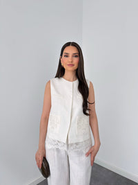 Elegant White Linen Co-Ord Set | Sleeveless Embroidered Vest & Wide-Leg Pants image 2