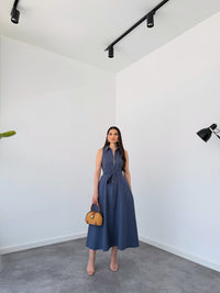 Blue Sleeveless Zip-Front Belted Maxi Dress | Elegant A-Line Casual Dress image 5