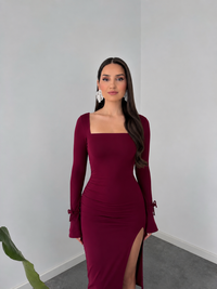 Ruched Square Neck Midi Dress in Deep Berry by Belleci image 2
