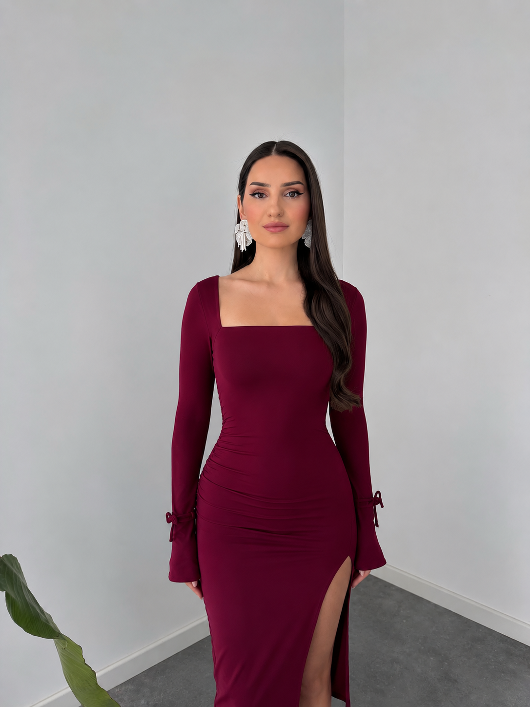 Ruched Square Neck Midi Dress in Deep Berry by Belleci