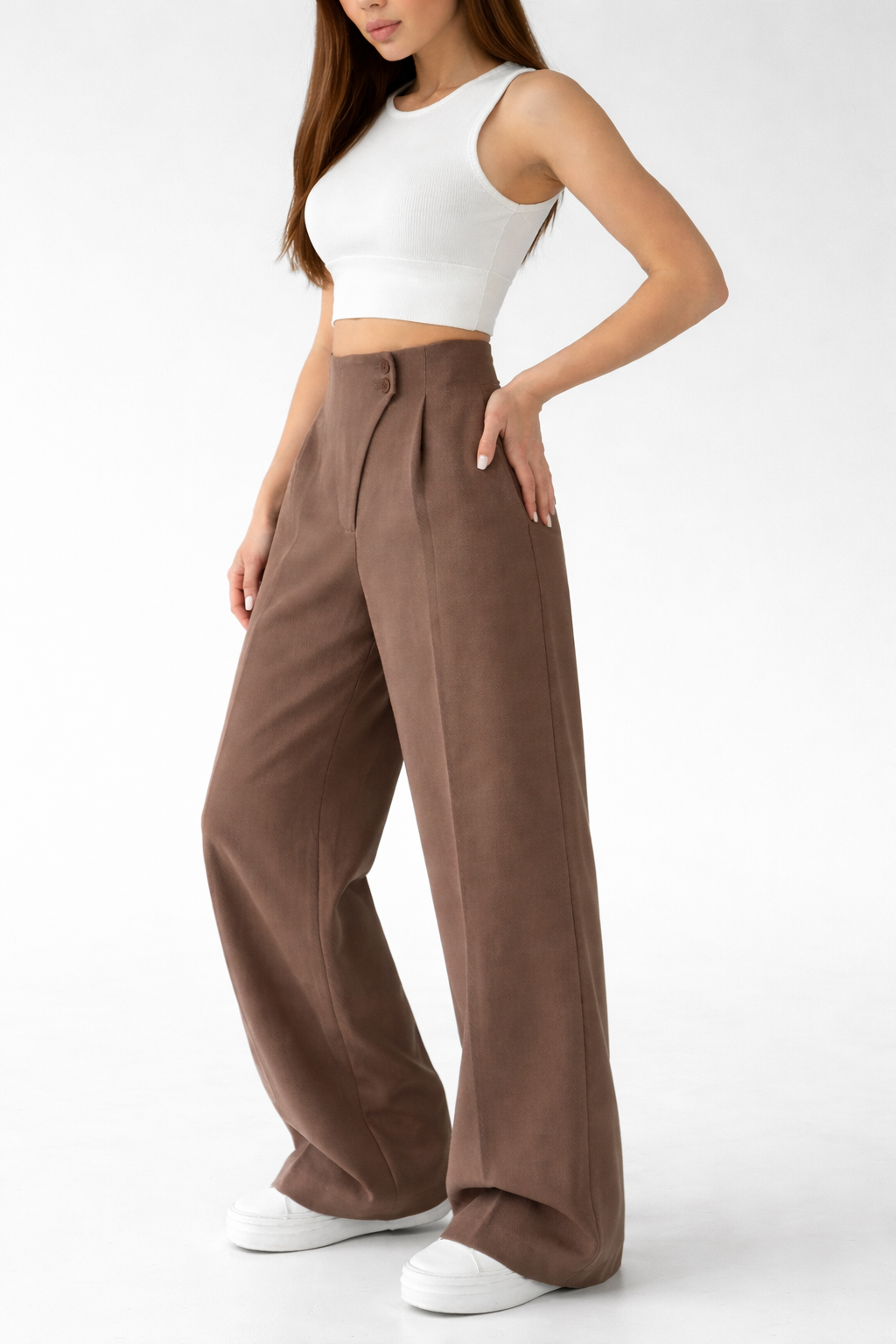 Belleci Cocoa Tailored Wide-Leg Trousers – High-Waist Structured Fit