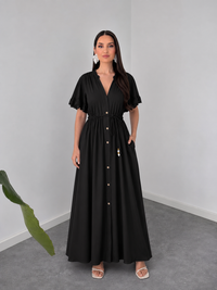 Black Button-Down Maxi Dress with Drawstring Waist By Belleci image 1