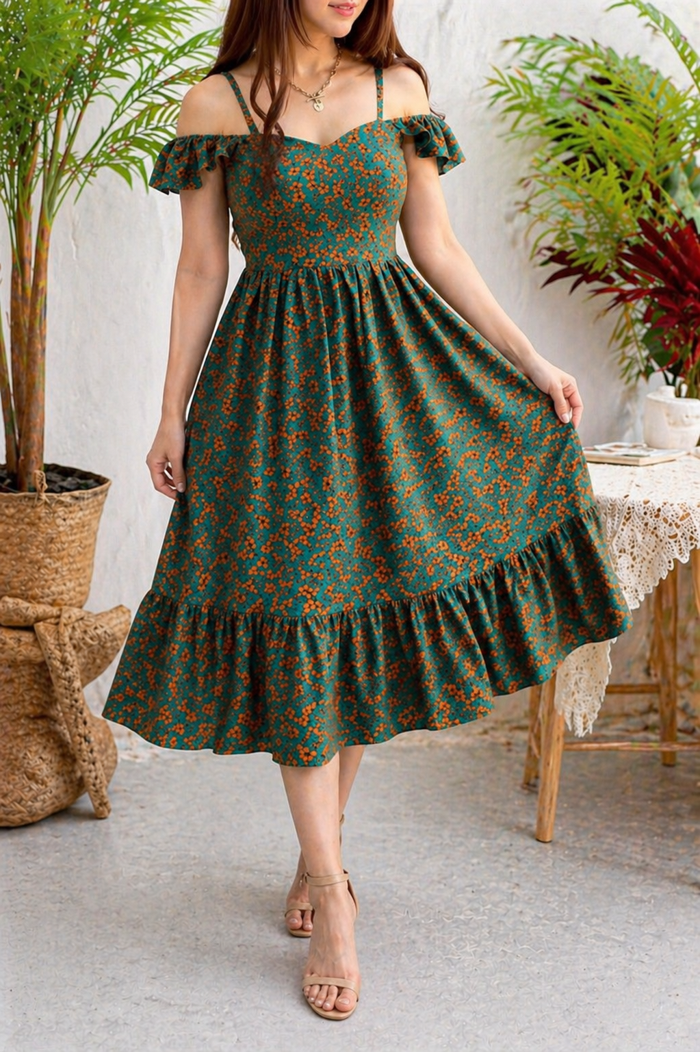 Belleci Emerald Bloom Midi Dress – Floral Off-Shoulder Ruffle Dress