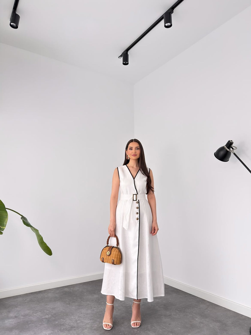 Belleci Ivory Elegance Contrast Trim Belted Maxi Dress