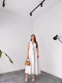 Belleci Ivory Elegance Contrast Trim Belted Maxi Dress image 6