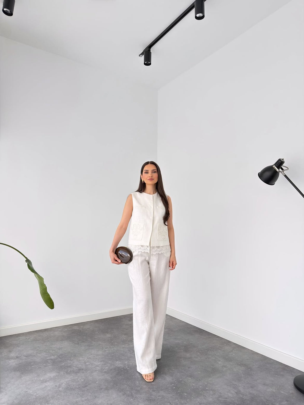 Elegant White Linen Co-Ord Set | Sleeveless Embroidered Vest & Wide-Leg Pants