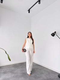 Elegant White Linen Co-Ord Set | Sleeveless Embroidered Vest & Wide-Leg Pants image 4