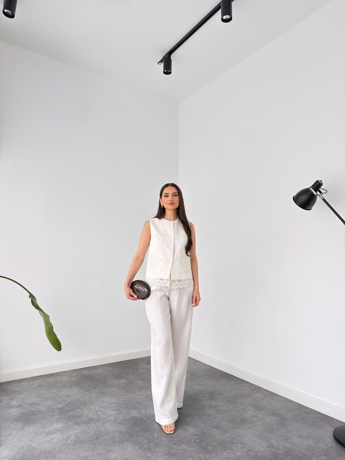Elegant White Linen Co-Ord Set | Sleeveless Embroidered Vest & Wide-Leg Pants