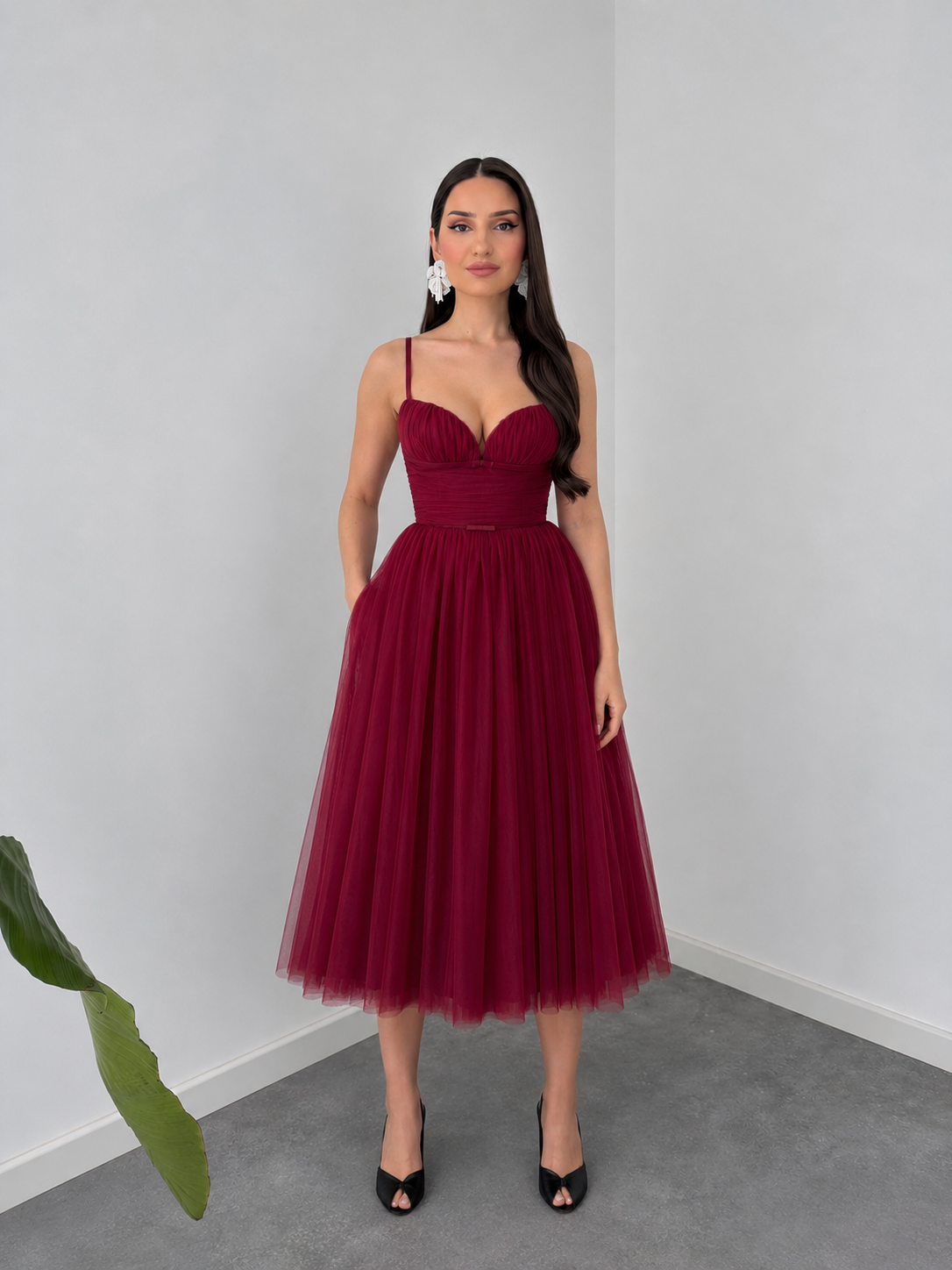 Wine Elegance Tulle Midi Dress by Belleci