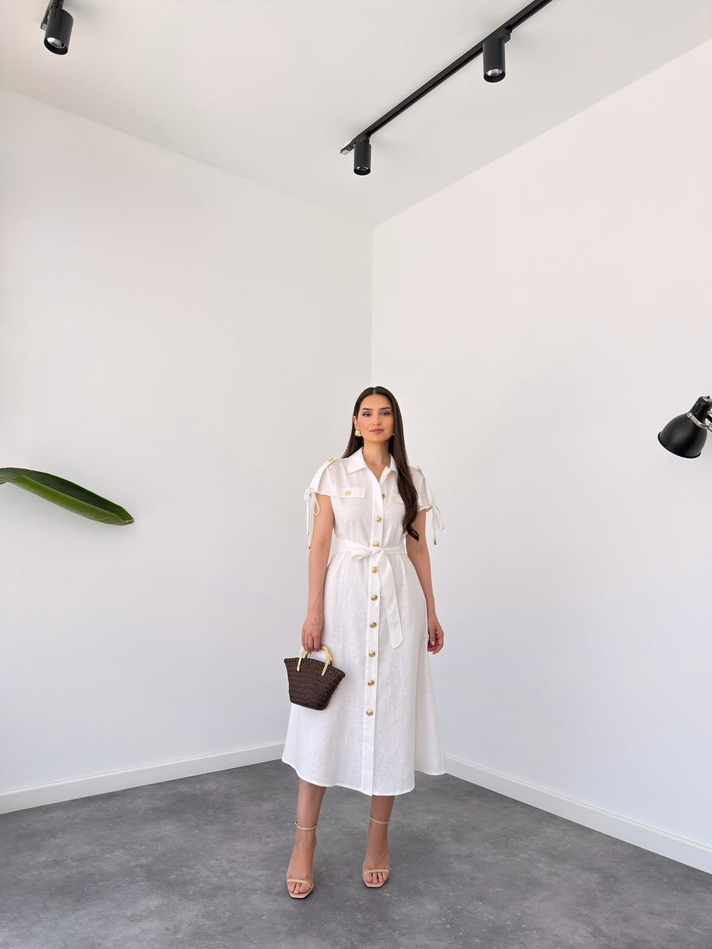 Belleci Élodie White Linen Blend Button-Down Maxi Dress