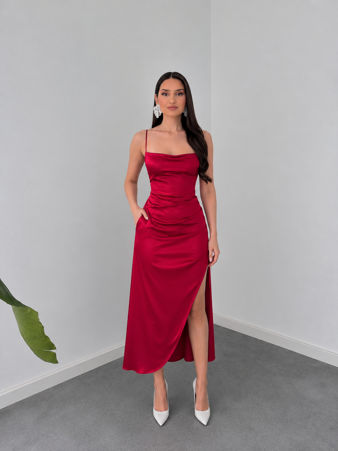 Crimson Allure Satin Bodycon Midi Dress by Belleci