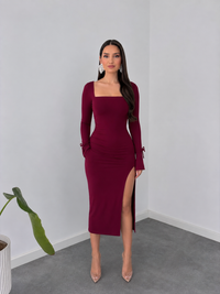 Ruched Square Neck Midi Dress in Deep Berry by Belleci image 6