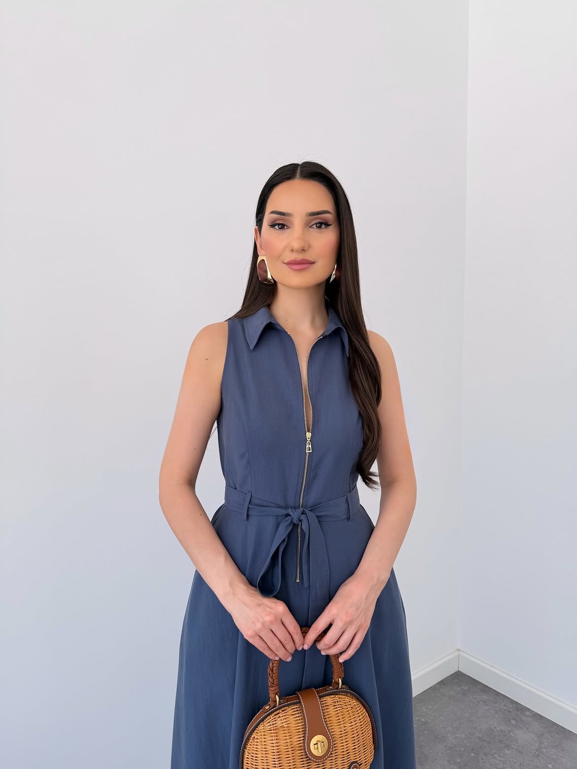 Blue Sleeveless Zip-Front Belted Maxi Dress | Elegant A-Line Casual Dress