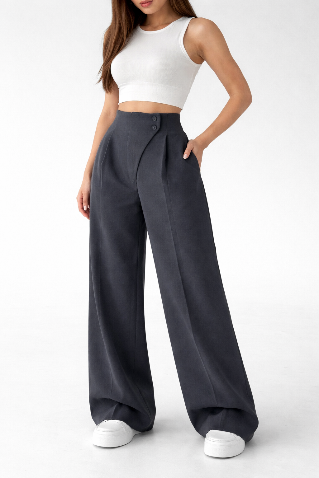 Belleci Charcoal Tailored Wide-Leg Trousers – High-Waist Structured Fit