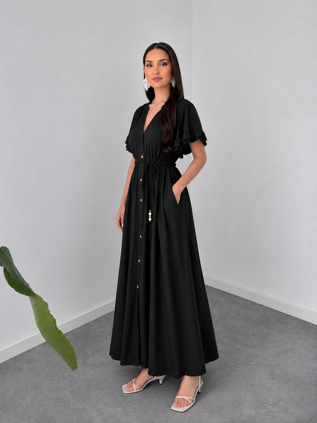 Black Button-Down Maxi Dress with Drawstring Waist By Belleci