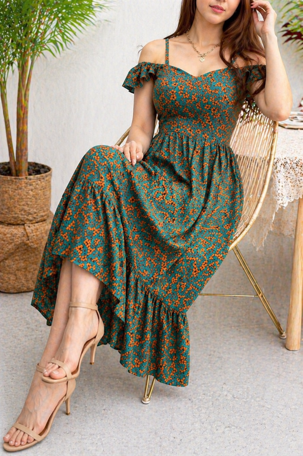 Belleci Emerald Bloom Midi Dress – Floral Off-Shoulder Ruffle Dress