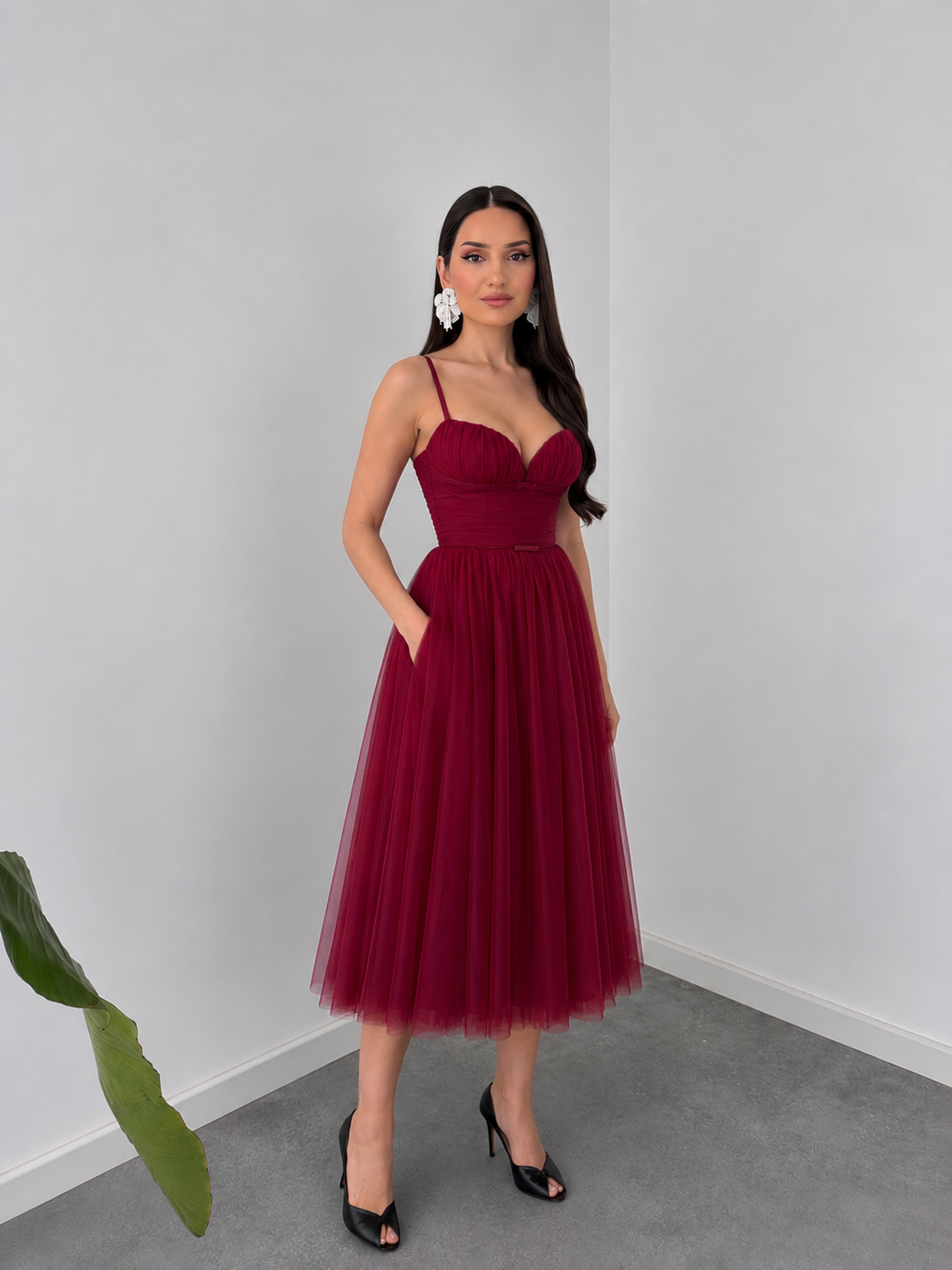 Wine Elegance Tulle Midi Dress by Belleci