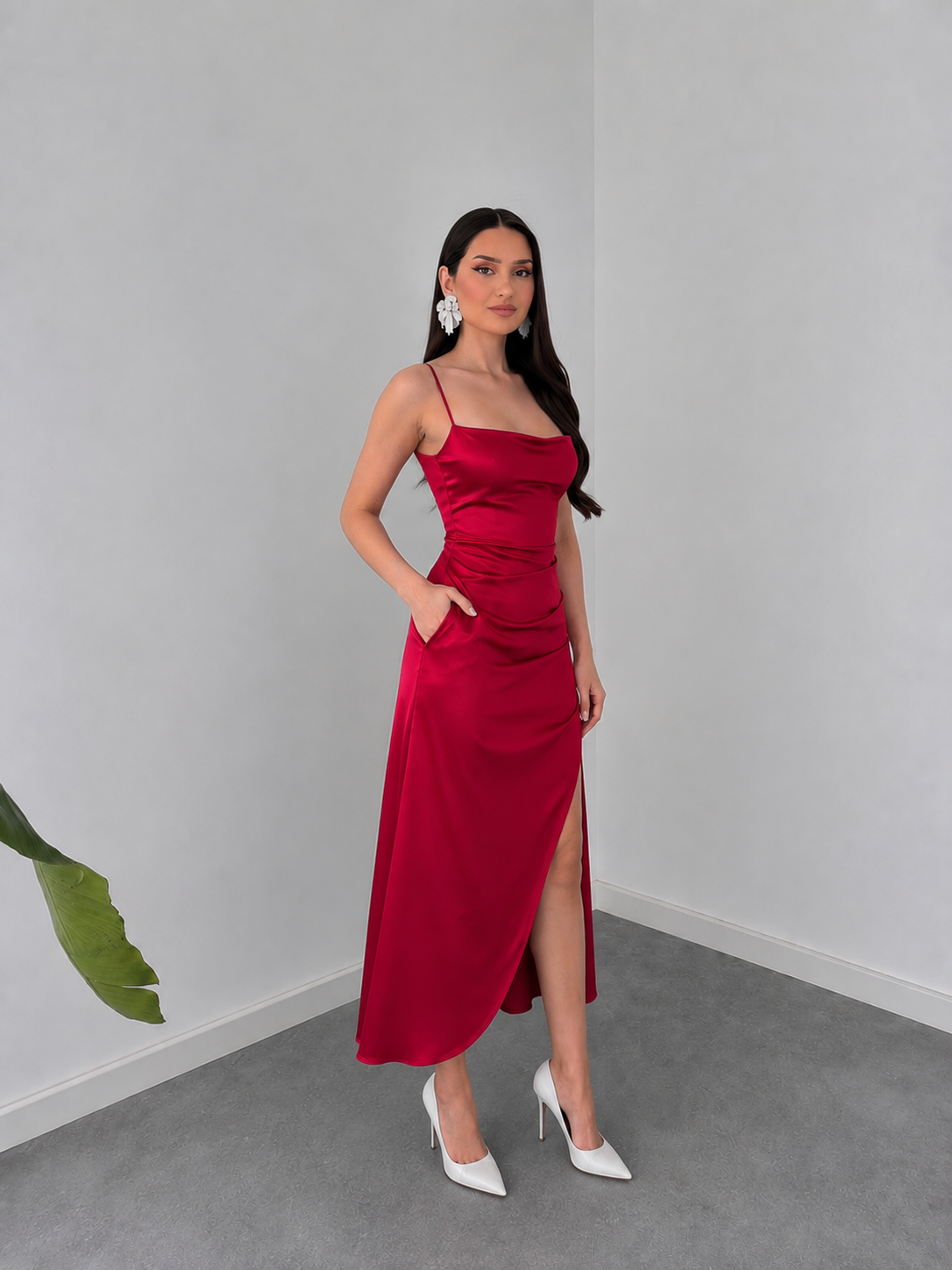Crimson Allure Satin Bodycon Midi Dress by Belleci
