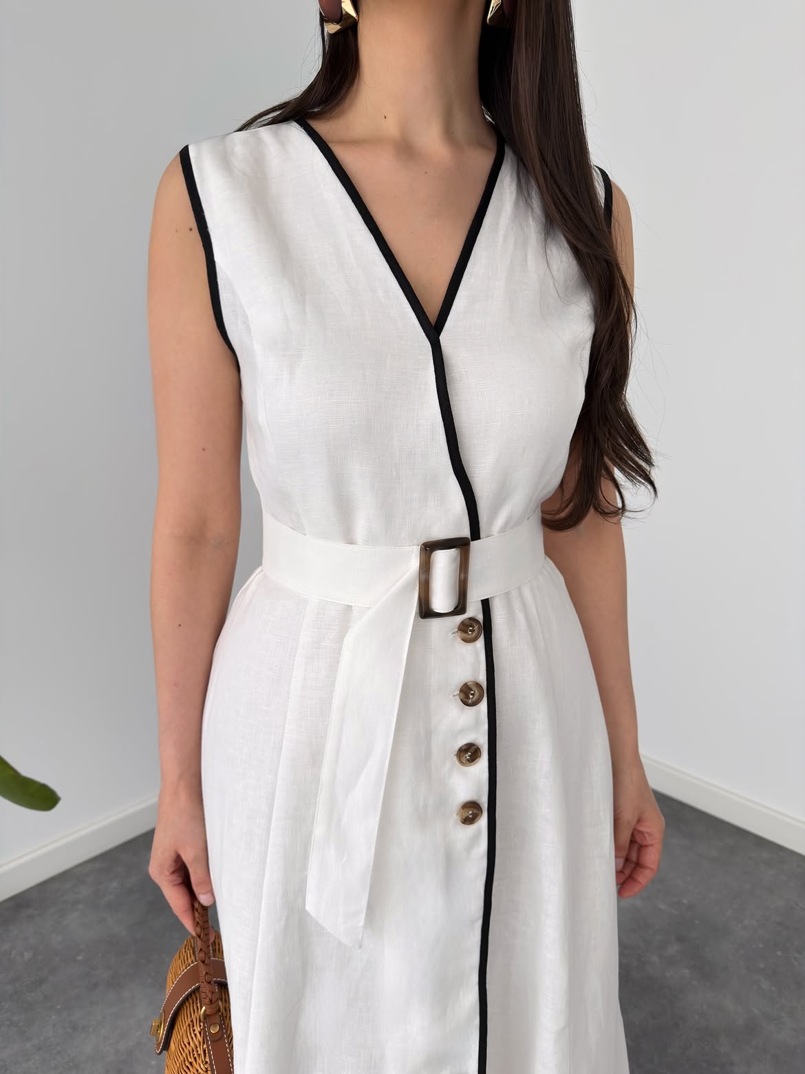 Belleci Ivory Elegance Contrast Trim Belted Maxi Dress