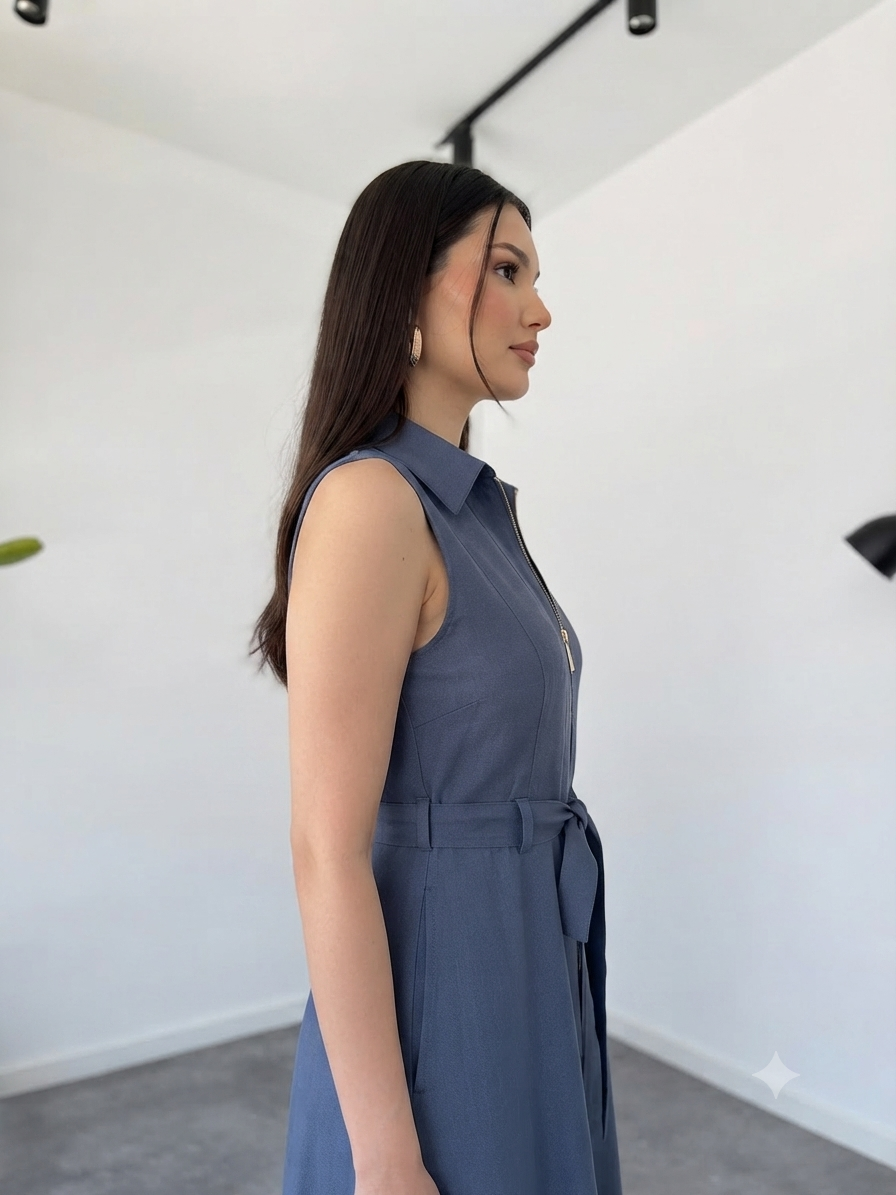 Blue Sleeveless Zip-Front Belted Maxi Dress | Elegant A-Line Casual Dress