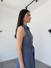 Blue Sleeveless Zip-Front Belted Maxi Dress | Elegant A-Line Casual Dress image 6