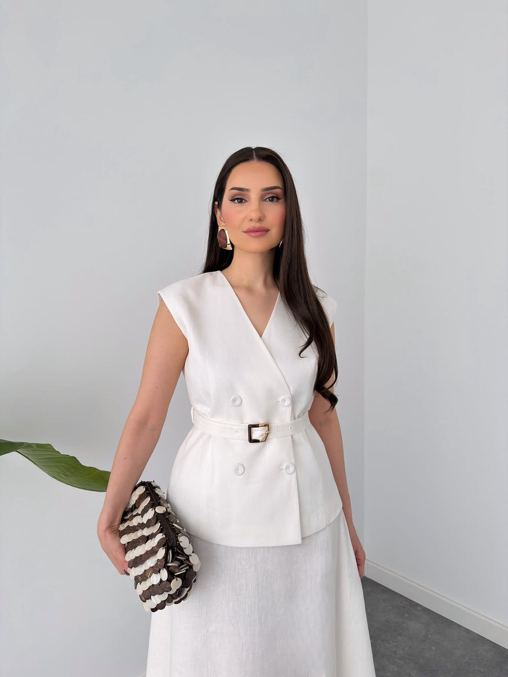 Belleci White Linen-Blend Belted Co-Ord Outfit for Women