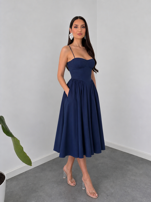 Elysian Navy Corset Midi Dress by Belleci