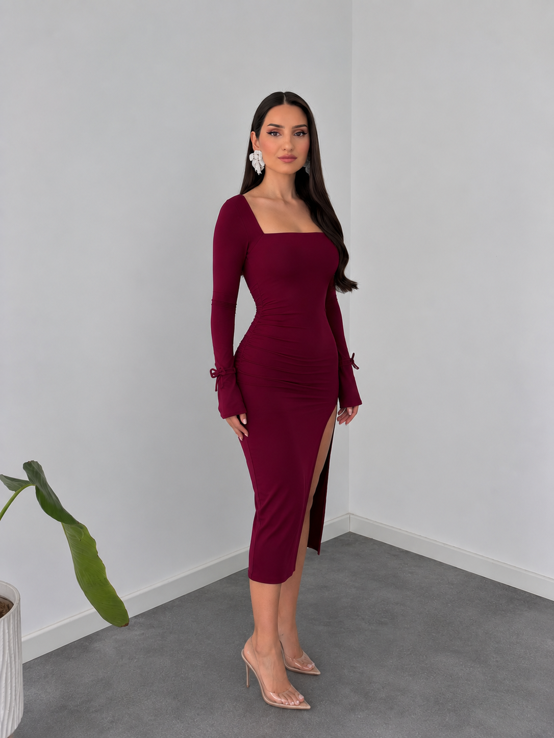 Ruched Square Neck Midi Dress in Deep Berry by Belleci