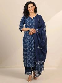 Belleci Indigo Floral Block Print Kurta Set with Dupatta image 1