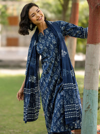 Belleci Indigo Floral Block Print Kurta Set with Dupatta image 3