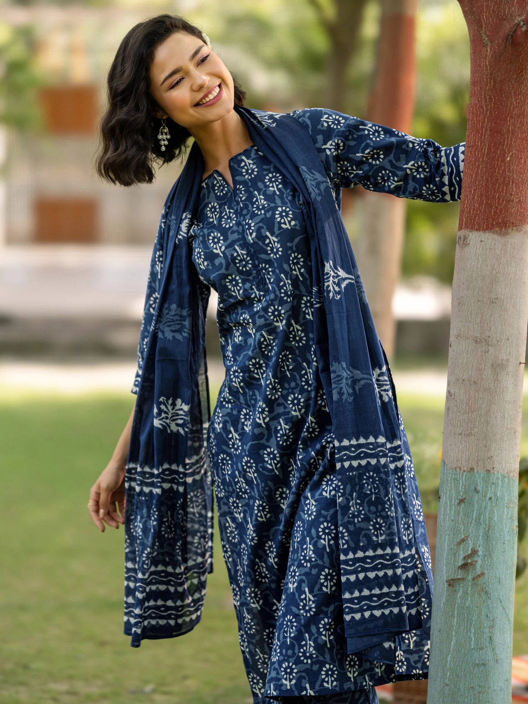 Belleci Indigo Floral Block Print Kurta Set with Dupatta