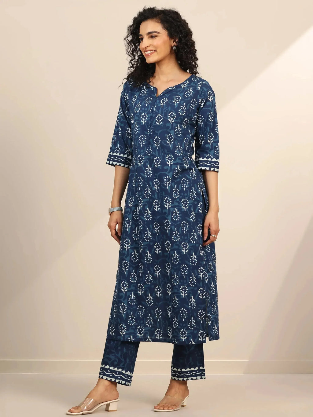 Belleci Indigo Floral Block Print Kurta Set with Dupatta