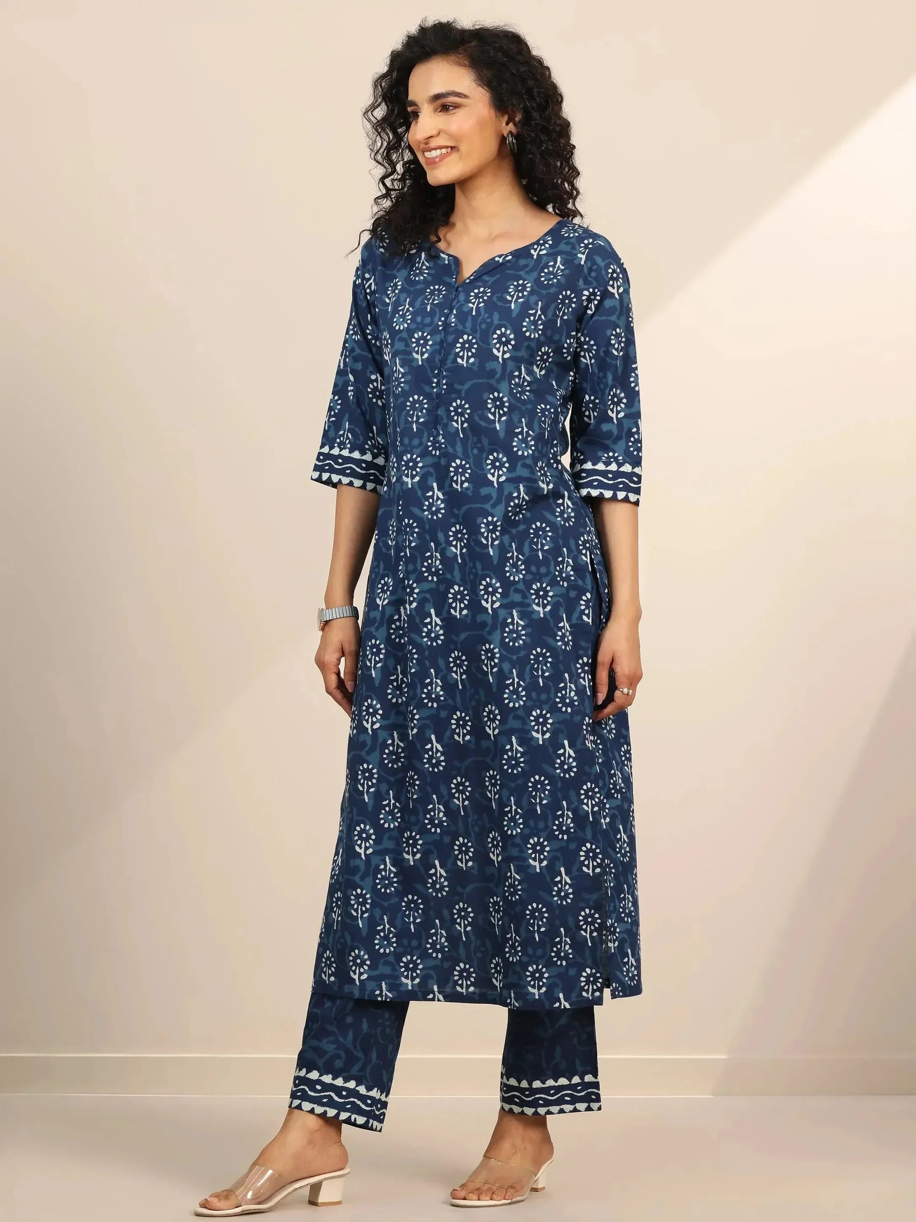 Belleci Indigo Floral Block Print Kurta Set with Dupatta