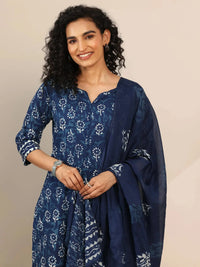 Belleci Indigo Floral Block Print Kurta Set with Dupatta image 5