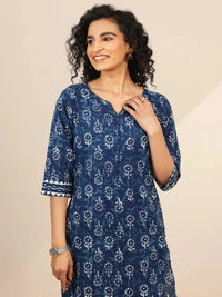 Belleci Indigo Floral Block Print Kurta Set with Dupatta image 7