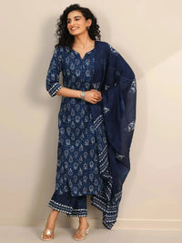 Belleci Indigo Floral Block Print Kurta Set with Dupatta image 8