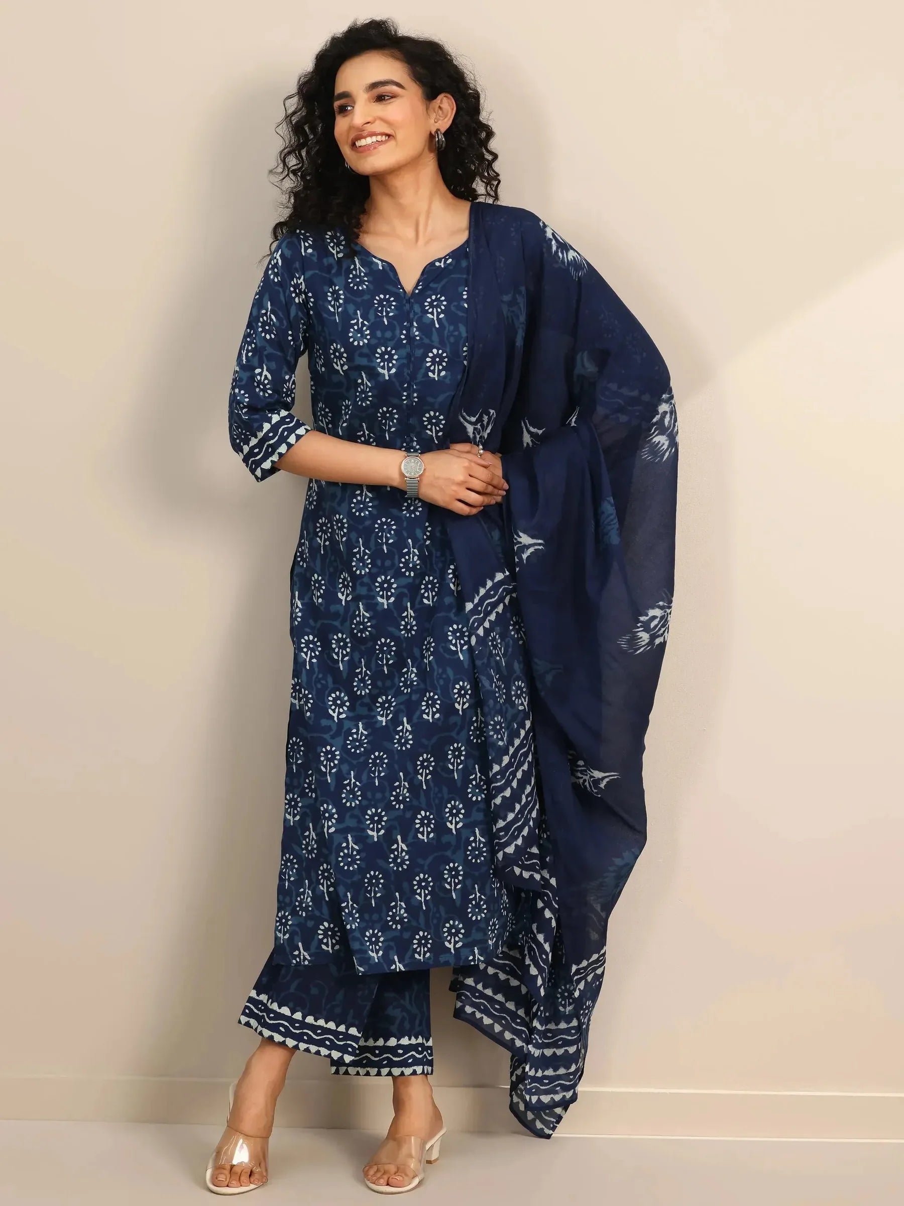 Belleci Indigo Floral Block Print Kurta Set with Dupatta