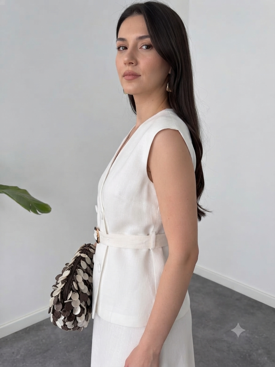 Belleci White Linen-Blend Belted Co-Ord Outfit for Women
