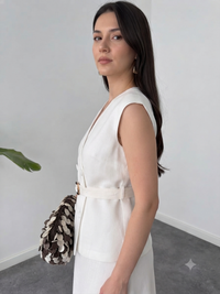 Belleci White Linen-Blend Belted Co-Ord Outfit for Women image 6