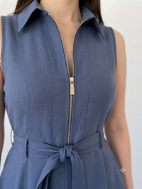 Blue Sleeveless Zip-Front Belted Maxi Dress | Elegant A-Line Casual Dress image 2