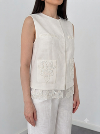 Elegant White Linen Co-Ord Set | Sleeveless Embroidered Vest & Wide-Leg Pants image 3