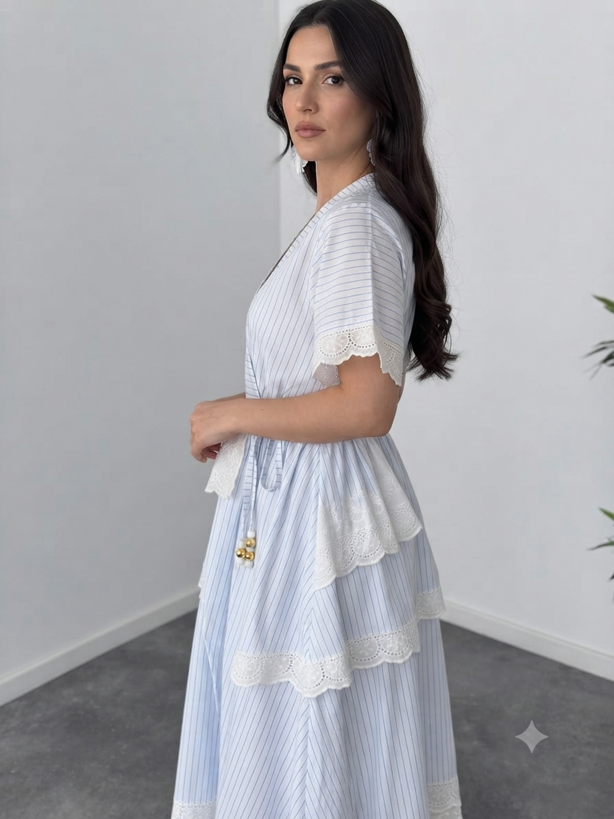 Belleci Celeste Sky Blue Striped Wrap Maxi Dress