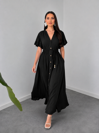Black Button-Down Maxi Dress with Drawstring Waist By Belleci image 4
